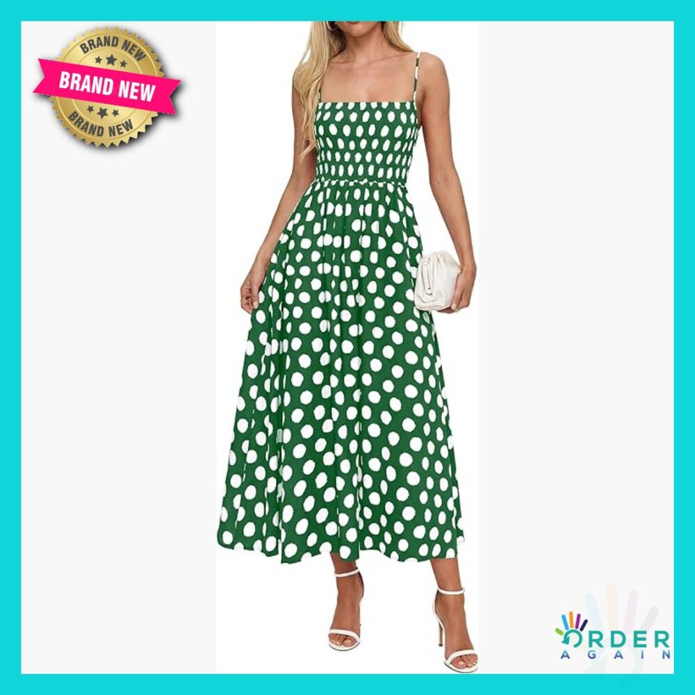 Polka Dot Smocked Sundress Spaghetti Strap Midi A-Line Chic Vacation